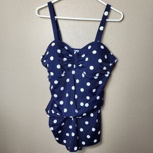D & Co Beach Womens Navy/White Polka Dot Ruched One Piece Swimsuit-Size 18W